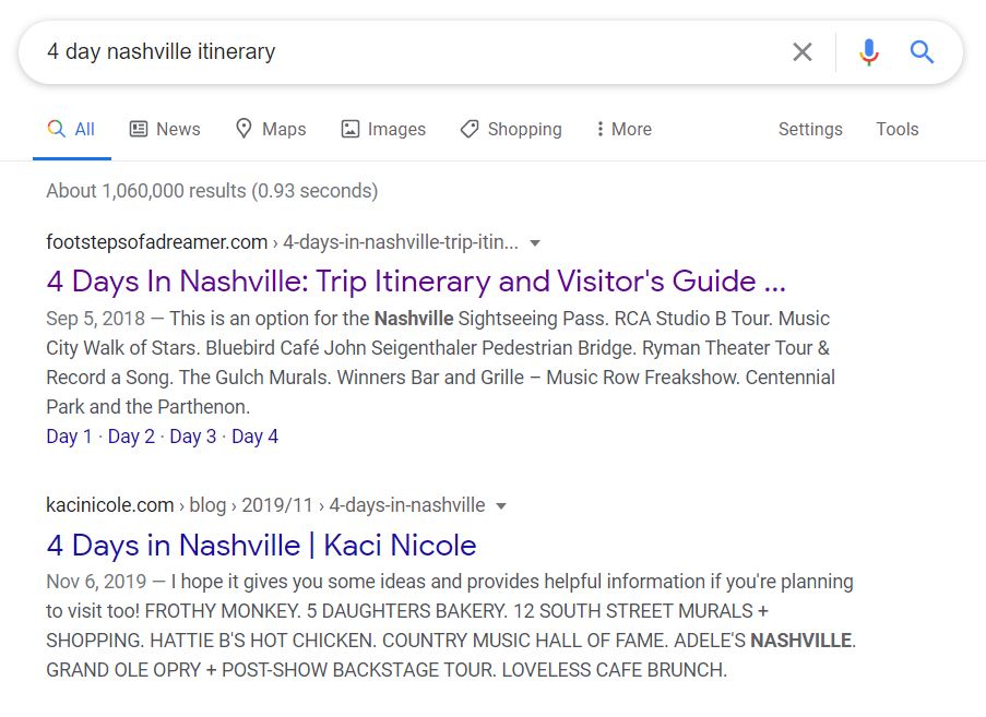 Google search results for "4 Day Nashville Itinerary"