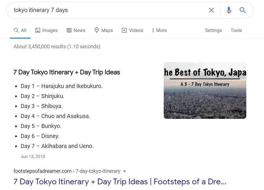 Google search results for "Tokyo itinerary 7 days"